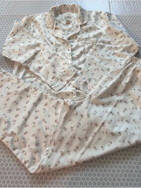 Aria Cream Pajama Loungewear Set with Pink Floral Print.  Size M